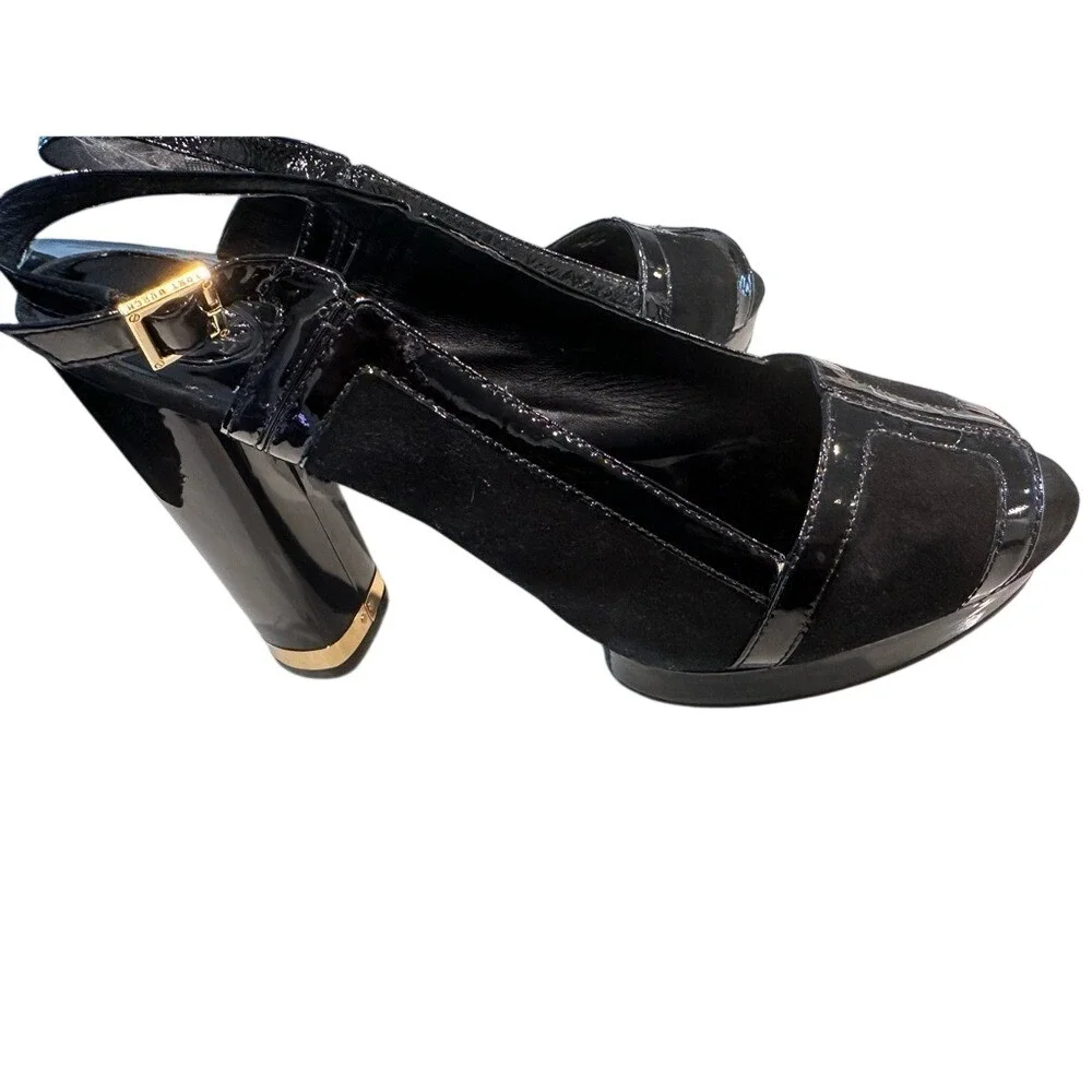 Tory Burch Black Patent Suede Platform Slingback Block Heels Gold‎ Trim Size 11M